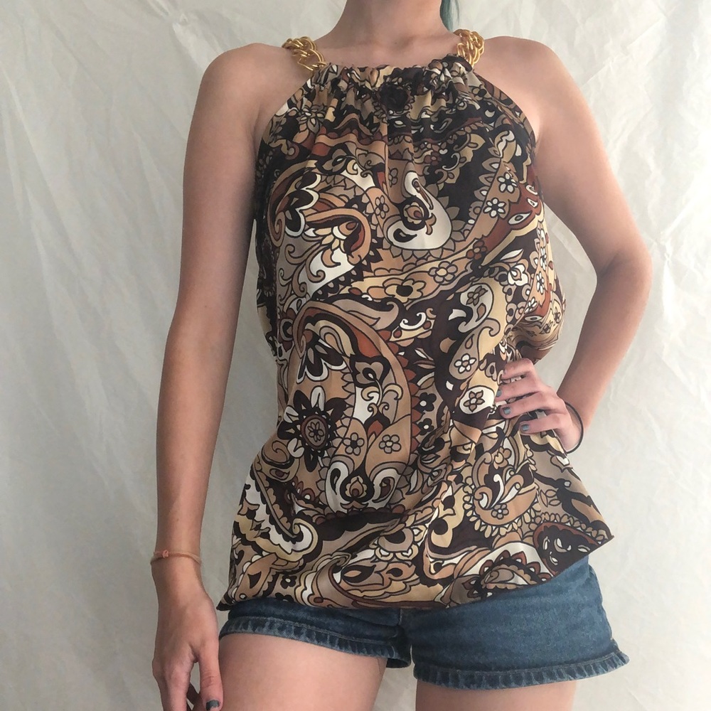 Y2K Cute Tan, Brown, and orange Colorful halter Top with Gold Chains